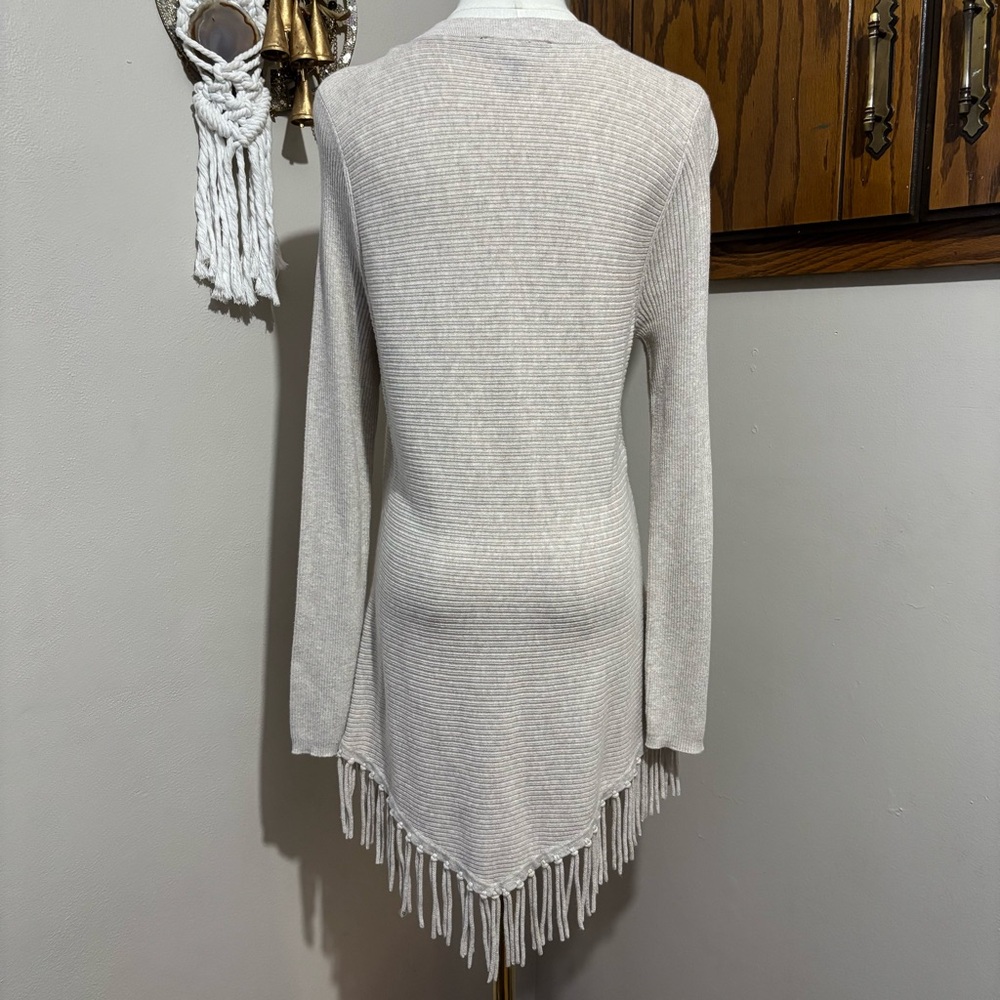INC Beige Boho V-Neck Fringe Tunic Sweater Style Dress Size Large Lace Up Front - Picture 5 of 8